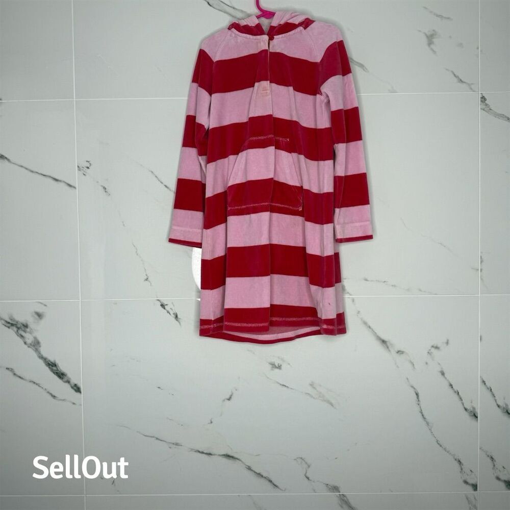 Mini Boden Kids Hooded tunic dress velour Striped Red Pink Size 7-8​
